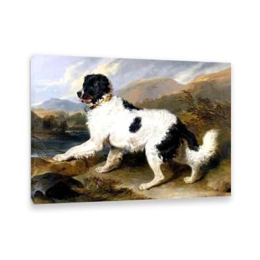 Imagem de Edwin Landseer Impressão em tela Lion' a Newfoundland Dog Poster Giclee reprodução de pintura Edwin Landseer arte de parede decoração de casa sala de estar escritório quarto 100 x 70 cm (83.8x71.1 cm