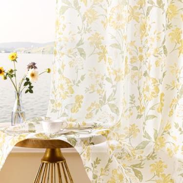 Imagem de Cortinas florais transparentes 213 cm de comprimento, 2 painéis para sala de estar, fazenda, flores amarelas rústicas francesas para quarto, bolso de haste, filtragem de luz, cortinas botânicas de