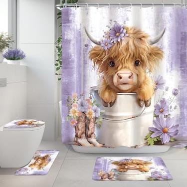 Imagem de Riyidecor Conjunto de 4 peças de cortina de chuveiro de vaca Highland roxa para banheiro com margaridas rústicas ocidentais conjunto de decoração de banheiro com tapetes e acessórios fofo tapete de