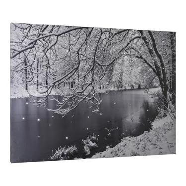 Imagem de Arte de parede grande em tela iluminada preta e branca com temporizador, impressão de pintura de paisagem de árvore de inverno emoldurada, luzes de fibra óptica executadas por baterias, design pronto