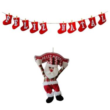 Imagem de Kit Enfeite De Porta Papai Noel Xadrez Com Varal Botinhas Vermelhas