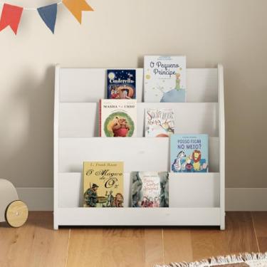 Imagem de IDIMEX Porta Livros Infantil de Chão em Madeira cor Branca 4 Nichos Livreiro Montessoriano Bruno