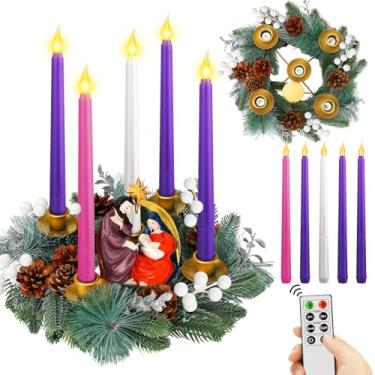 Imagem de Tioncy Suporte de vela de guirlanda do advento de Natal de 30 cm com estatueta de presépio 5 velas sem chama, suporte de guirlanda de controle remoto, decoração de peça central com frutas vermelhas