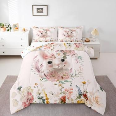Imagem de Erosebridal Conjunto de edredom infantil, tamanho casal, floral, rosa, coelhinho, flores coloridas, adorável animal de fazenda, decoração de quarto feminino, 3 peças, presentes de dia das crianças