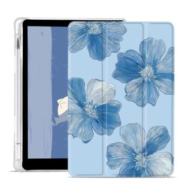 Imagem de Capa de flor azul para iPad 5ª/6ª geração para iPad Air/Air 2 de 9,7 polegadas linda floral com suporte de três dobras capa de couro azul transparente com suporte para lápis despertar/hibernar