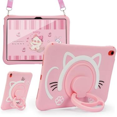 Imagem de Carechoi Capa infantil para iPad de 10,2 polegadas 7ª/8ª/9ª geração (2019-2021), lindo design de gato 3D com suporte giratório de 360° e alça ajustável, capa de silicone macio à prova de choque para