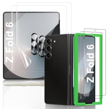 Imagem de JEHOO [2 conjuntos de 6 peças] Protetor de tela para Galaxy Z Fold 6, 2 películas internas de TPU + 2 películas externas de vidro temperado + 2 protetores de lente de câmera com moldura posicional