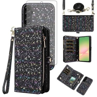 Imagem de Asuwish Capa de telefone para Samsung Galaxy A56 5G carteira com zíper magnética destacável com protetor de tela de vidro temperado e suporte de cartão com glitter, acessórios de celular A 56 56A LTE