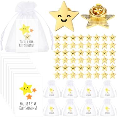Imagem de Huquary Conjunto de 50 broches de estrela presente de agradecimento do funcionário inclui crachá de estrela dourada broche de lapela inspirador cartões de felicitações e bolsa presente de