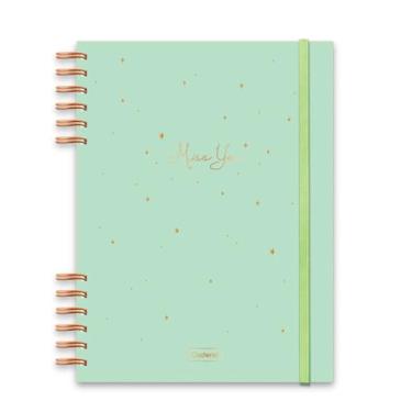 Imagem de Caderno Colegial Criativo Cadersil Com Elástico e Wire-o Estampa Miss You Verde – 80 Folhas – Capa Dura com Hot Stamping Dourado – Ideal para Anotações Criativas e do Dia a Dia