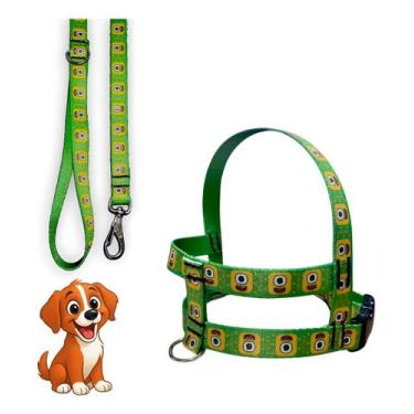 Imagem de Coleira Peitoral Lari Pet Com Guia Cães Seda Estampada N5, Verde