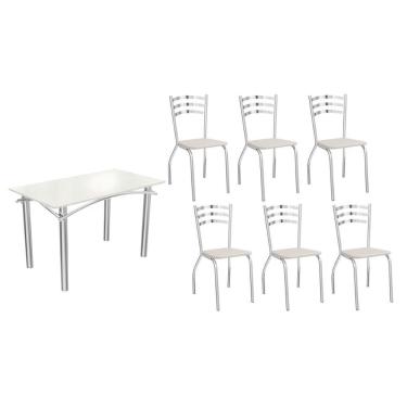 Imagem de Sala de Jantar Completa Elba Tampo Madeirado c/ Vidro 120cm e 6 Cadeiras Portugal Cromada/Off White - Corano Branco - Kappesberg