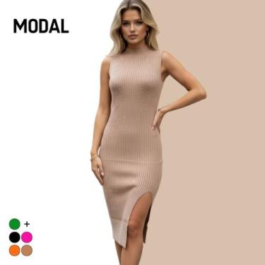 Imagem de Vestido Midi Tricot Premium Feminino Modal Fenda Lateral - Vitrine Col