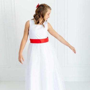 Imagem de Vestido Longo branco Faixa Lisa Vermelha Infantil com Saia Tule Branco