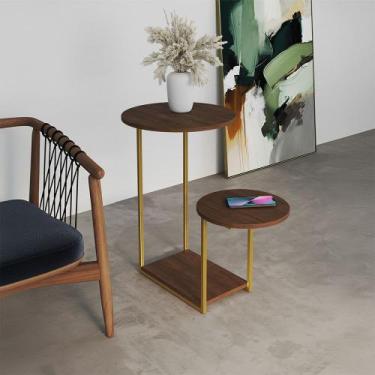 Imagem de Mesa Lateral Industrial Dourado Ferro Tampo Redondo Amêndoa - CASA PRI