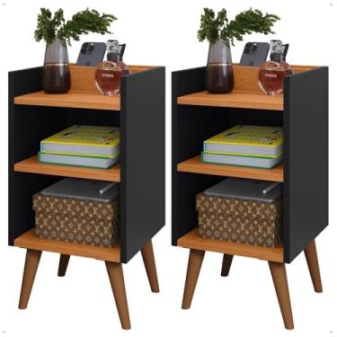 Imagem de Criadomudo para Quarto, Kit 2 Mesas de Cabeceira, Retrô, Funcionais com Nicho, Porta Celular E Pés Palito(KIT PRETO CINAMOMO)