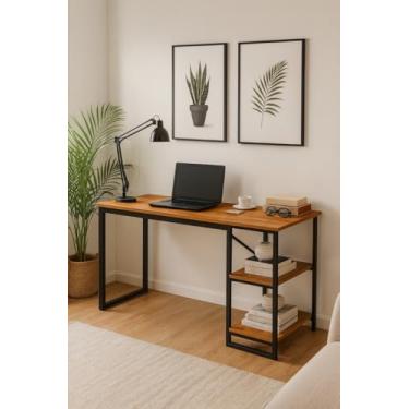 Imagem de Mesa Home Office C/prateleiras De Metal (Preto/Canela)