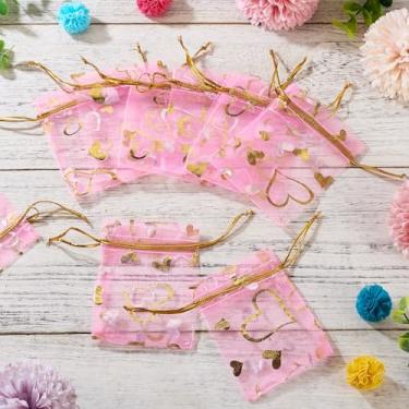 Imagem de 50 unidades de sacos de organza impressos em coração 7 x 9 cm transparente pêssego puff cordão organza sacos de presente para festa de casamento bolsas de embalagem de joias de Natal