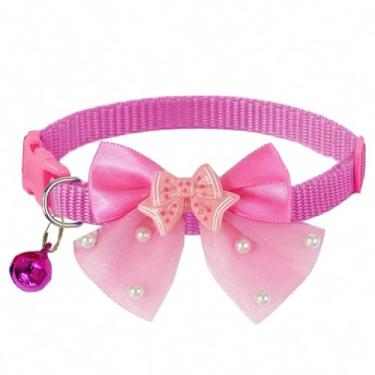Imagem de 1 coleira de gravata borboleta para animais de estimação fúcsia com pérola e sino, coleira de nylon ajustável para gatos e cães pequenos