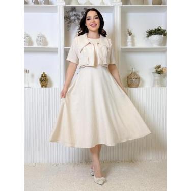 Imagem de Vestido Feminino de Linho com Casaco Manga Curta Elegante de Festa - F