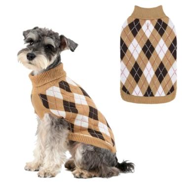 Imagem de PAWCHIE Suéter de cachorro com orifício para coleira para cães pequenos, suéter clássico de malha com gola rolê para o clima frio, pulôver xadrez, roupas quentes para animais de estimação, roupas