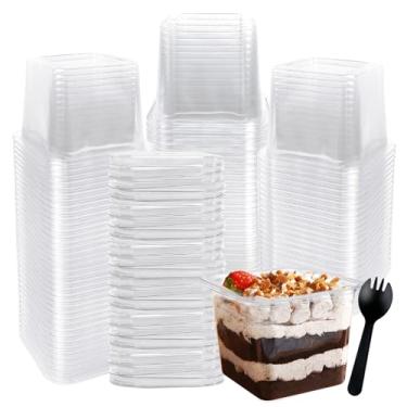 Imagem de Rainmae Copos de sobremesa de plástico descartáveis de 340 g com tampas Copos de parfait com tampas Copos de frutas com tampa Copos de aperitivo Sporks Copos quadrados transparentes para café gelado