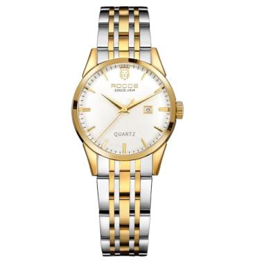 Imagem de ROCOSJEWE Relógio feminino clássico, dourado, prata, aço inoxidável, quartzo, relógio feminino com mostrador de data, relógio feminino elegante à prova d'água para negócios e casual | Relógios