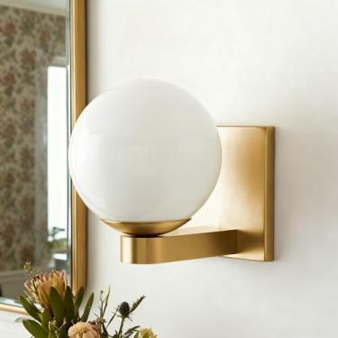 Imagem de Luminária moderna de vidro preto, luz de parede de globo único, luminária esférica de vidro de leite durável, luminária de parede interna e externa para corredor, quarto, banheiro (latão)