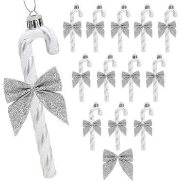 Imagem de HERZWILD 12 peças de bengala doce com glitter de Natal com laço de plástico prateado decoração de árvore de Natal enfeite para decoração de festa de feriado (arco prateado)