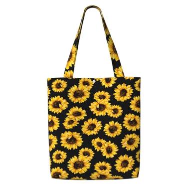 Imagem de Sacola de lona estética para mulheres, bolsas de ombro reutilizáveis para férias, compras, trabalho, mercearia, Girassóis pretos vintage, One Size