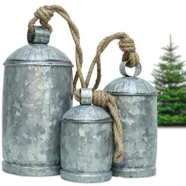 Imagem de Conjunto de 3 sinos de vaca decorativos galvanizados - sinos de Natal gigantes vintage, sinos de vaca com corda de juta - GG para decoração de fazenda, férias, casa (15 a 20 a 25 cm)