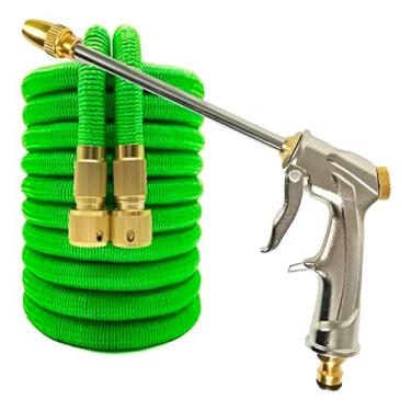 Imagem de Mangueira Expansível Verde com Pistola Multijato, 22,5 Metros, Material em Poliéster e Liga, Conectores em Aço Inox, Sistema de Engate Rápido, Kit Completo para Jardim