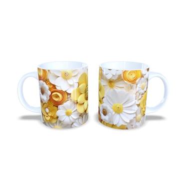Imagem de Caneca de Cerâmica com Estampa Floral 3D, Branca, 325ml, Design Moderno com Flores Coloridas (14129)