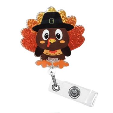Imagem de Carretel engraçado de crachá de peru de Ação de Graças fofo porta-crachá de identificação com glitter de outono clipe de acrílico resistente retrátil com clipe jacaré giratório de 360° para