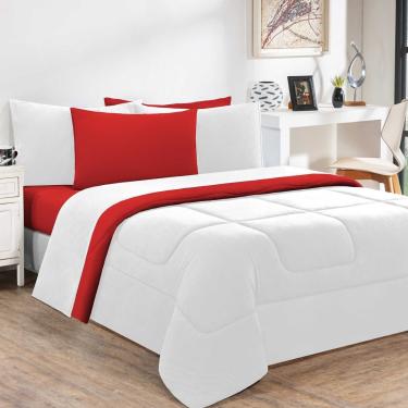 Imagem de Kit Edredom + Jogo De Lençol Malha 100% Algodão Gran Moratta 6 Peças Queen - Branco/Vermelho