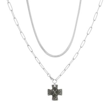 Imagem de MANZHEN Colar de cruz grossa para mulheres, pingente de cruz com inicial em camadas, vintage, clipe de papel, espinha de peixe, gargantilha de cobra, joia de fantasia, 18 Inches, Metal, Sem Pedra