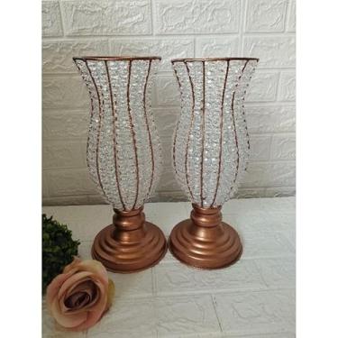 Imagem de Kit 2 Vasos Decorativos 35cm Luxo - Jarros para Plantas com Pedras e Pérolas para Decoração de Casamento(Rose gold com pedras)