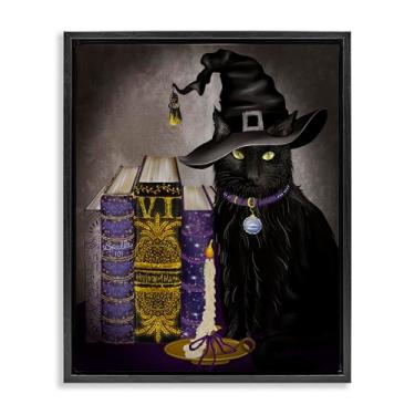 Imagem de Stupell Industries Black Cat Gothic Books Brown Framed Floater Canvas Wall Art, design por Lori Mosley, 78 x 63 cm