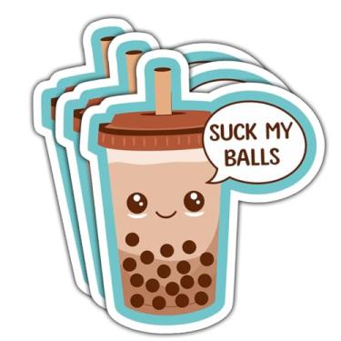 Imagem de 3 peças Boba Drink Suck My Balls adesivo bolha presentes engraçados Suck My Balls adesivos à prova d'água presente Boba bebida bolha leite bola de chá decalque de vinil para laptop garrafa de água