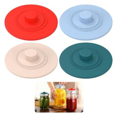 Imagem de 4 peças de tampa de fermentação de silicone para frascos de vidro de boca larga, tampa de fermentação de pote de vidro reutilizável com rastreador de datas ideal para pote de picles de chucrute Kimchi
