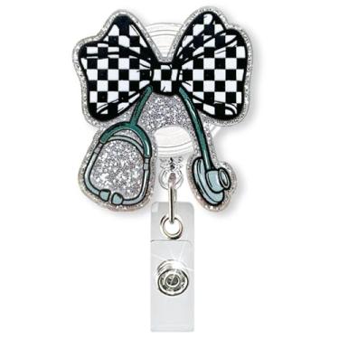 Imagem de Carretel retrátil de crachá com laço quadriculado preto e branco com glitter, carretel de crachá engraçado para enfermagem RN CMA CNA Médico e trabalhador médico, suporte de crachá de coquete de arco