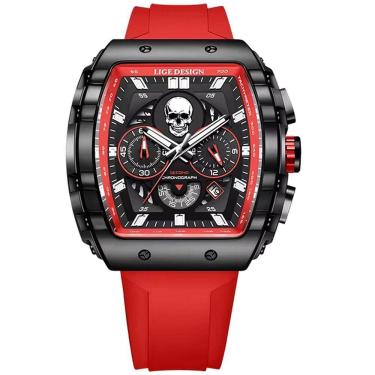 Imagem de Relógio De Quartzo Impermeável Masculino Caveira Esportivo Casual Tonneau Vermelho