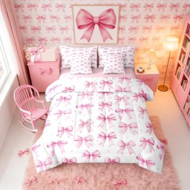 Imagem de Erosebridal Conjunto de edredom solteiro kawaii com laço rosa e laço de princesa em uma bolsa com lençol para crianças, adolescentes e mulheres, conjunto de cama com laço rosa fofo para decoração de