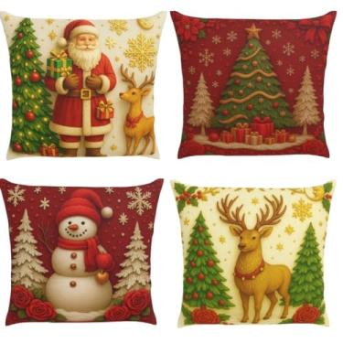 Imagem de Capas Almofada Natal 45x45 Cm Kit Decoração Sala Sofá Cama Presente (kit 4 Vermelho)
