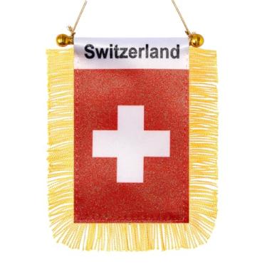 Imagem de JBSJBS Bandeira pendurada da Suíça mini bandeiras de janela de carro suíço pequenas bandeiras de espelho retrovisor decoração bandeiras da Suíça com ventosa com franjas douradas dupla face 7,6 x 12,7