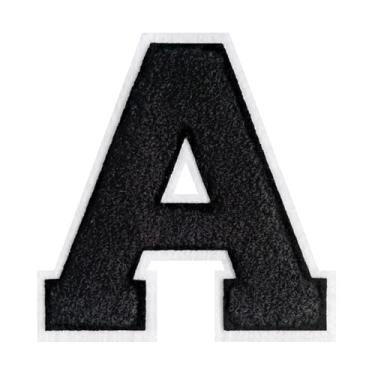 Imagem de 1 peça de patch de letra de chenille preto de 11,4 cm com borda branca – Remendos do alfabeto para roupas, jaquetas, mochilas, chapéus para decoração personalizada, nome personalizado e artesanato. (A
