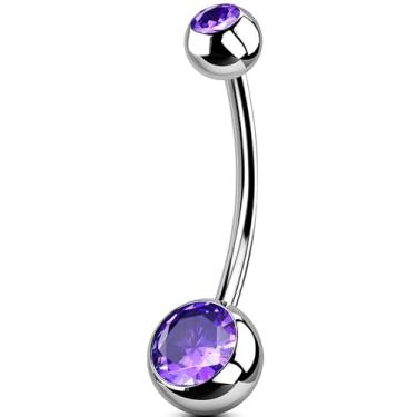 Imagem de OUFER Anéis de umbigo de titânio com rosca interna, barra de prata 14G 12 mm, anéis navais hipoalergênicos, para piercing de umbigo, joias de piercing naval com zircônia roxa