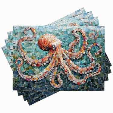 Imagem de Jogo americano de polvo, conjunto de 4 tapetes rústicos de polvo com tema oceano, estampa frente e verso, para cozinha, sala de jantar, restaurantes, decoração, imitação de linho, 30 x 45 cm, 4 peças