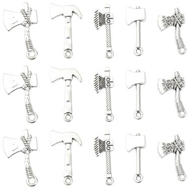 Imagem de Ornazy 50 peças, 5 estilos, pingentes de ferramentas de prata antiga, tibetano, vintage, martelo, machado, chaveiro, berloques para fazer joias, colar e pulseira