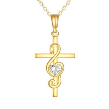 Imagem de GEHN Colar com cruz de música, colar com pingente de cruz de ouro real maciço 14 K, joia cristã, clave de agudos, joia para mulheres, amantes, esposas, mães